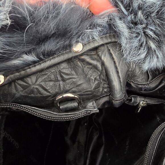 Galaday Removeable‎ Fur Detail Crinkle Leather Handbag Shoulder Purse Tote Black - Picture 10 of 16